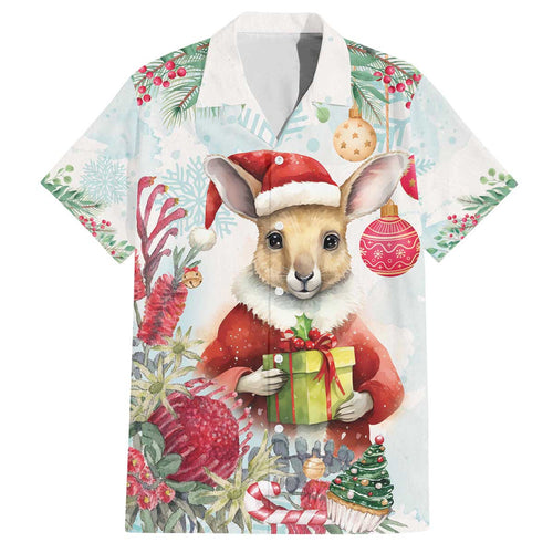 Australia Christmas Family Matching Off The Shoulder Long Sleeve Dress and Hawaiian Shirt Kangaroo Santa With Aussie Flower - Watercolor