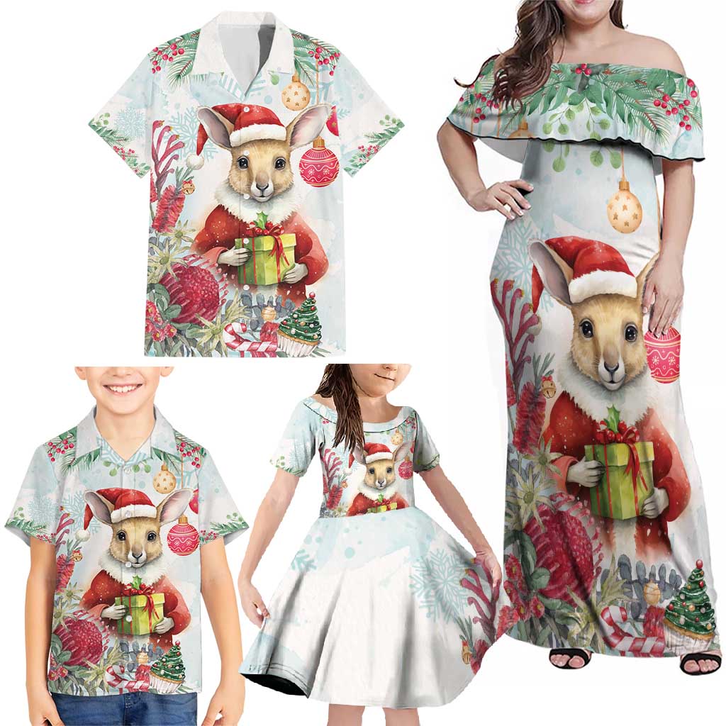 Australia Christmas Family Matching Off Shoulder Maxi Dress and Hawaiian Shirt Kangaroo Santa With Aussie Flower - Watercolor