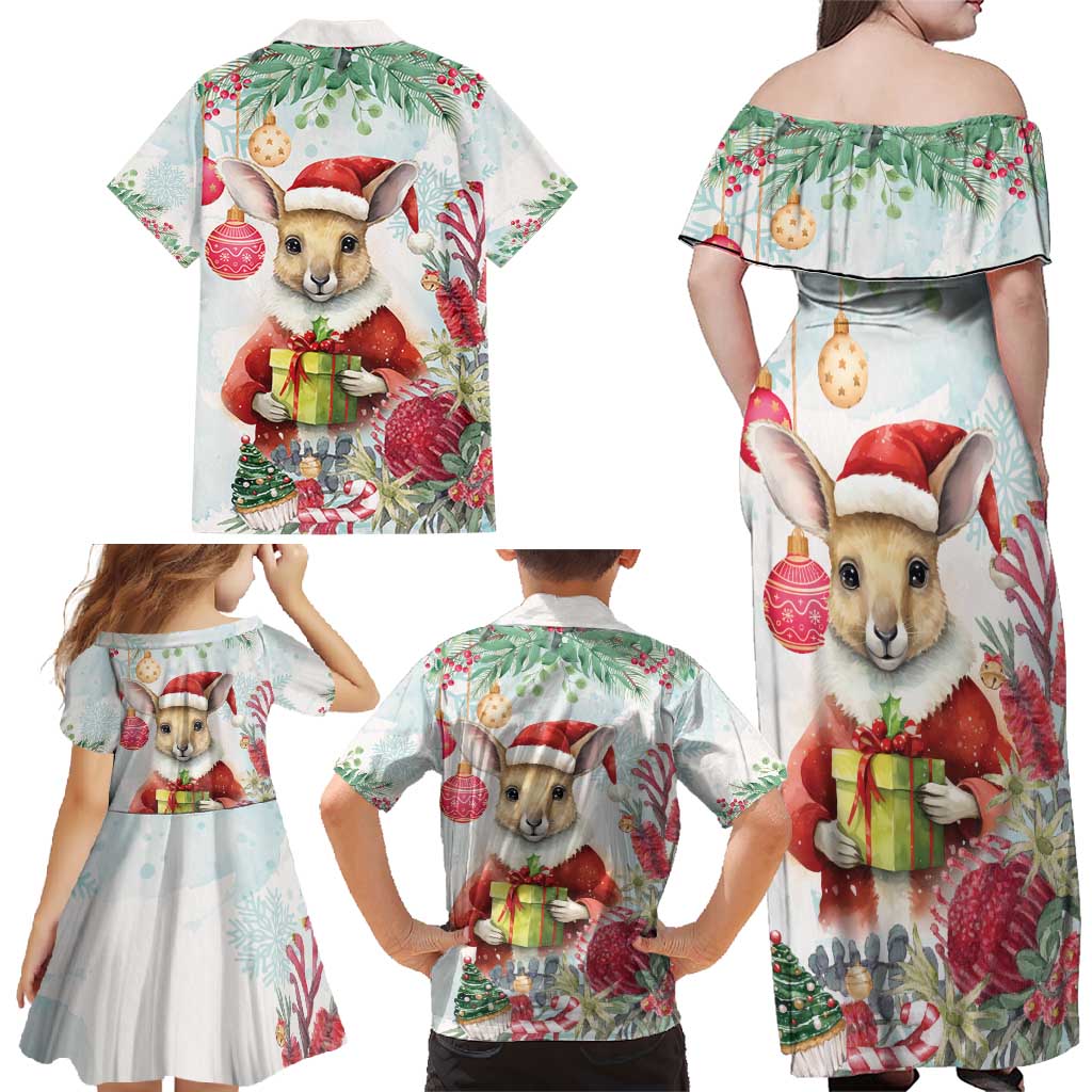 Australia Christmas Family Matching Off Shoulder Maxi Dress and Hawaiian Shirt Kangaroo Santa With Aussie Flower - Watercolor