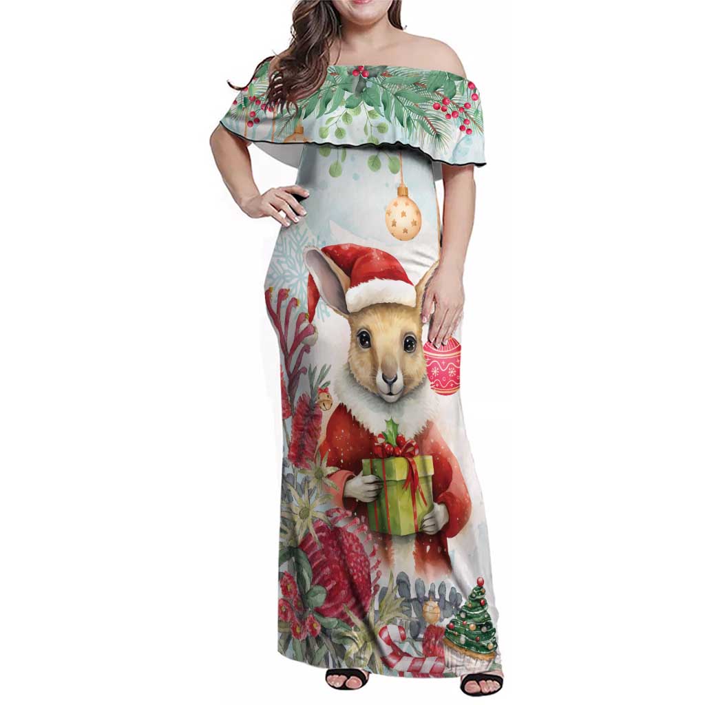 Australia Christmas Family Matching Off Shoulder Maxi Dress and Hawaiian Shirt Kangaroo Santa With Aussie Flower - Watercolor