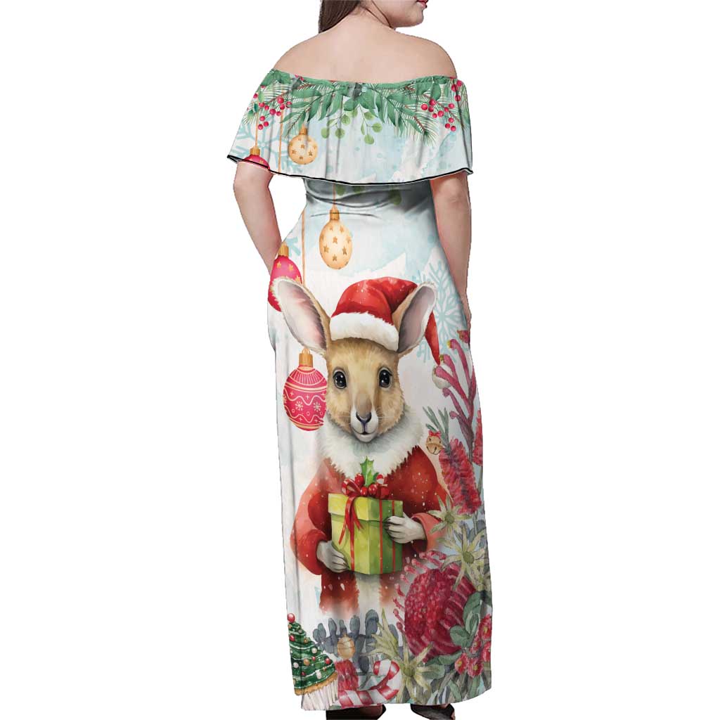 Australia Christmas Family Matching Off Shoulder Maxi Dress and Hawaiian Shirt Kangaroo Santa With Aussie Flower - Watercolor