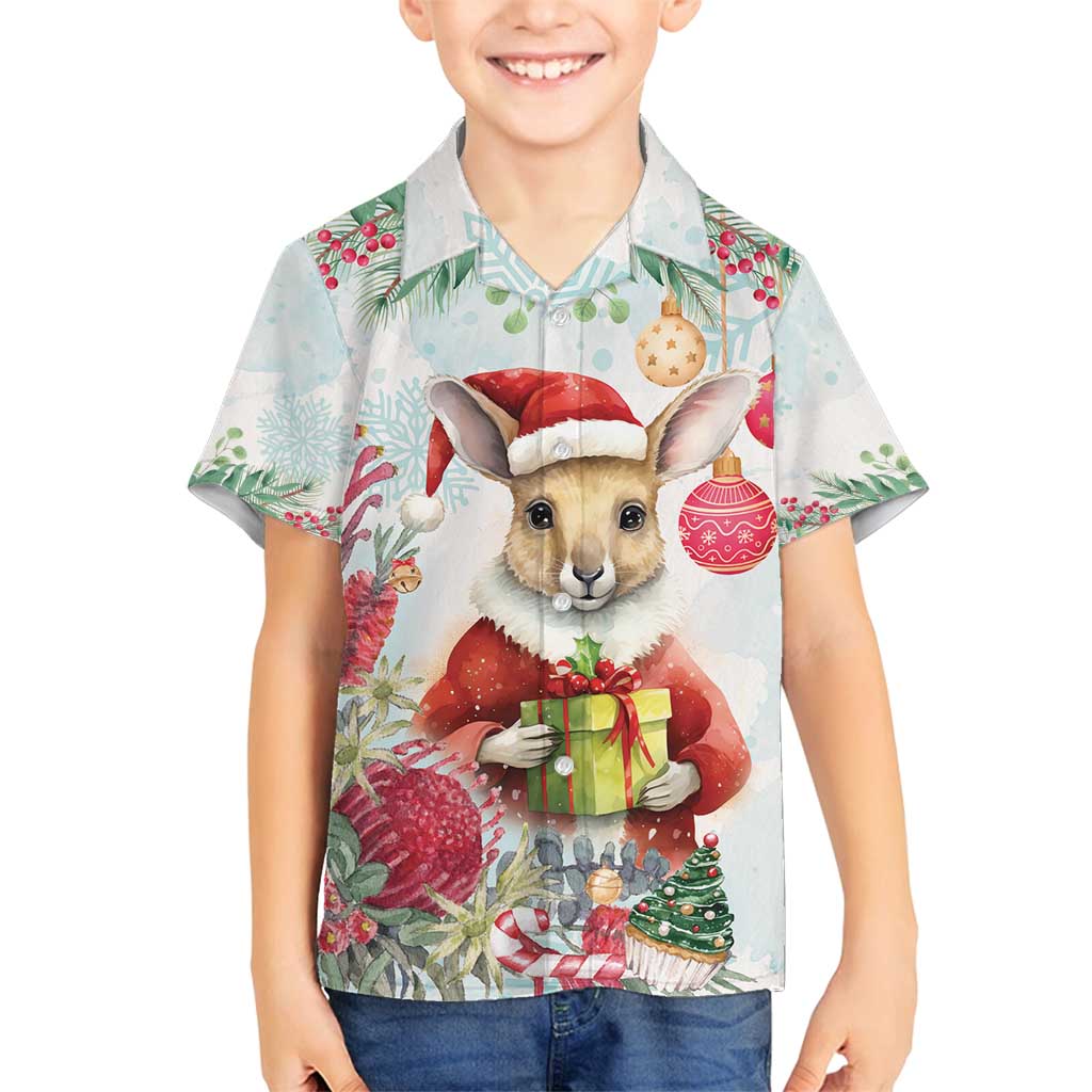 Australia Christmas Family Matching Off Shoulder Maxi Dress and Hawaiian Shirt Kangaroo Santa With Aussie Flower - Watercolor