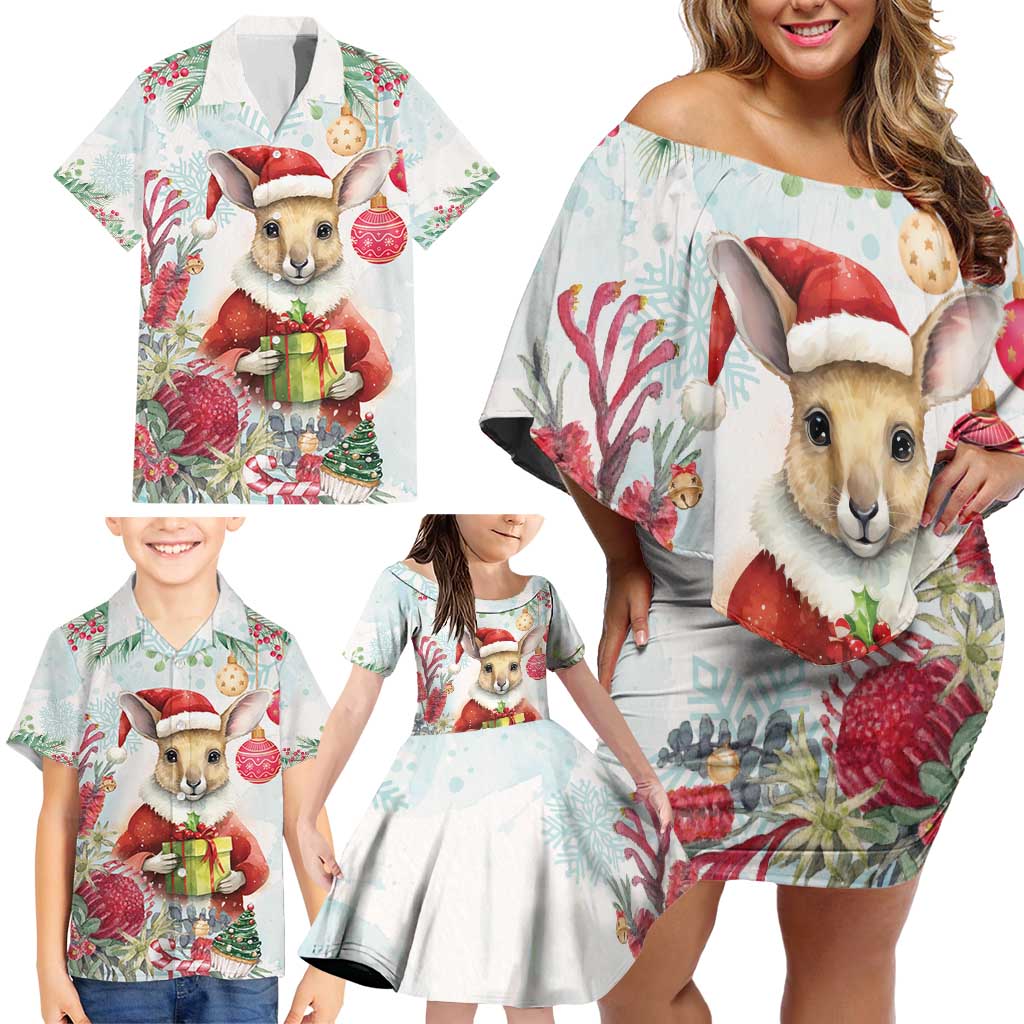 Australia Christmas Family Matching Off Shoulder Short Dress and Hawaiian Shirt Kangaroo Santa With Aussie Flower - Watercolor