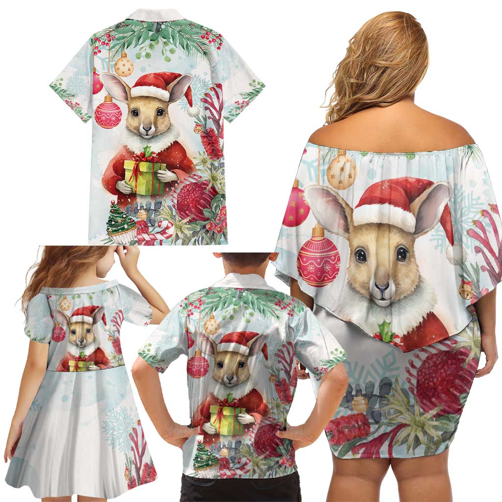 Australia Christmas Family Matching Off Shoulder Short Dress and Hawaiian Shirt Kangaroo Santa With Aussie Flower - Watercolor