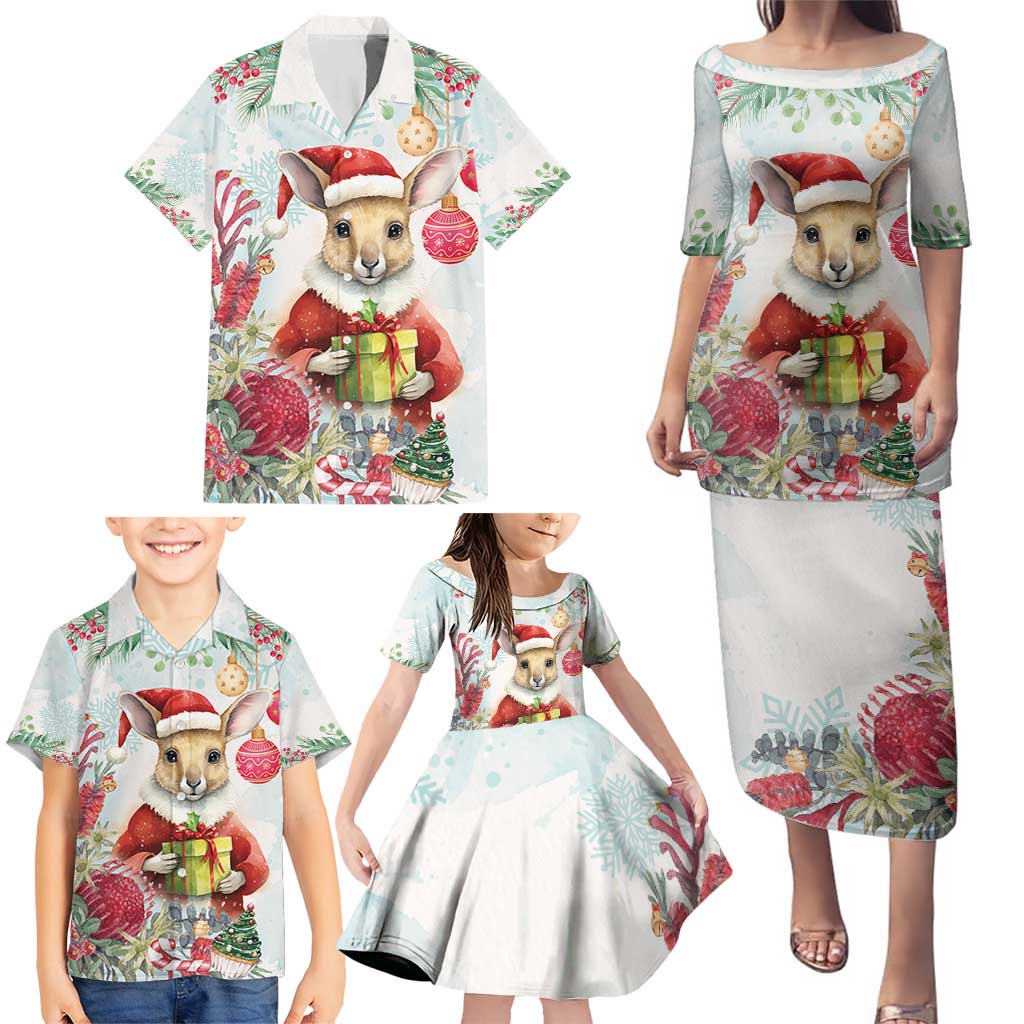 Australia Christmas Family Matching Puletasi and Hawaiian Shirt Kangaroo Santa With Aussie Flower - Watercolor