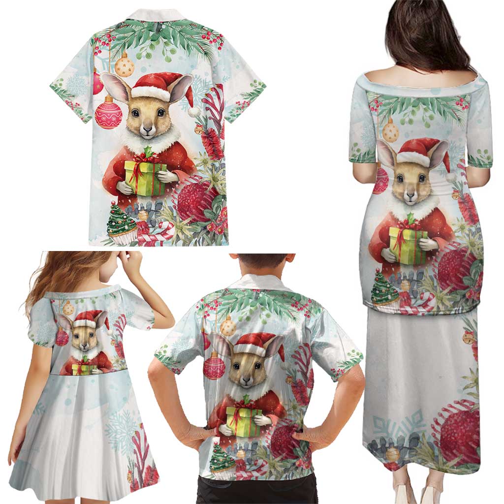 Australia Christmas Family Matching Puletasi and Hawaiian Shirt Kangaroo Santa With Aussie Flower - Watercolor