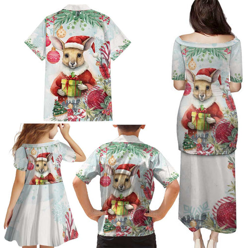 Australia Christmas Family Matching Puletasi and Hawaiian Shirt Kangaroo Santa With Aussie Flower - Watercolor