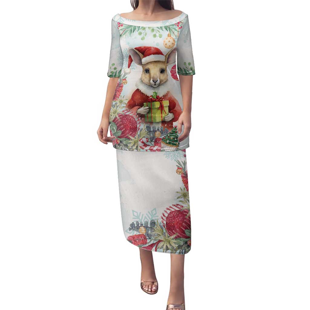 Australia Christmas Family Matching Puletasi and Hawaiian Shirt Kangaroo Santa With Aussie Flower - Watercolor