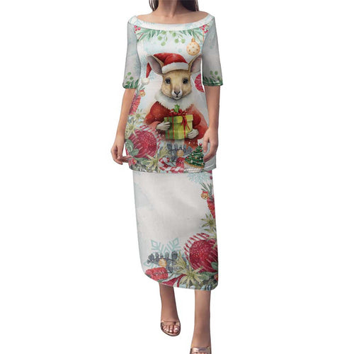 Australia Christmas Family Matching Puletasi and Hawaiian Shirt Kangaroo Santa With Aussie Flower - Watercolor