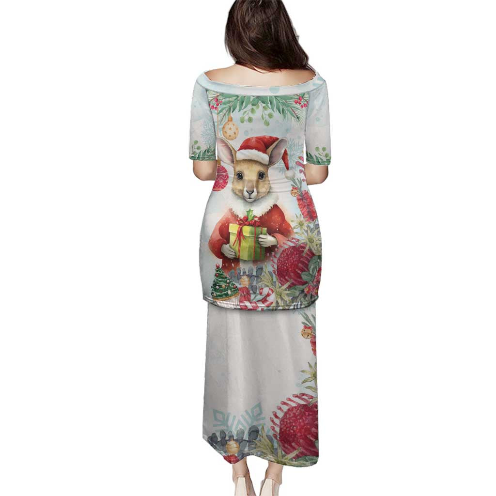 Australia Christmas Family Matching Puletasi and Hawaiian Shirt Kangaroo Santa With Aussie Flower - Watercolor
