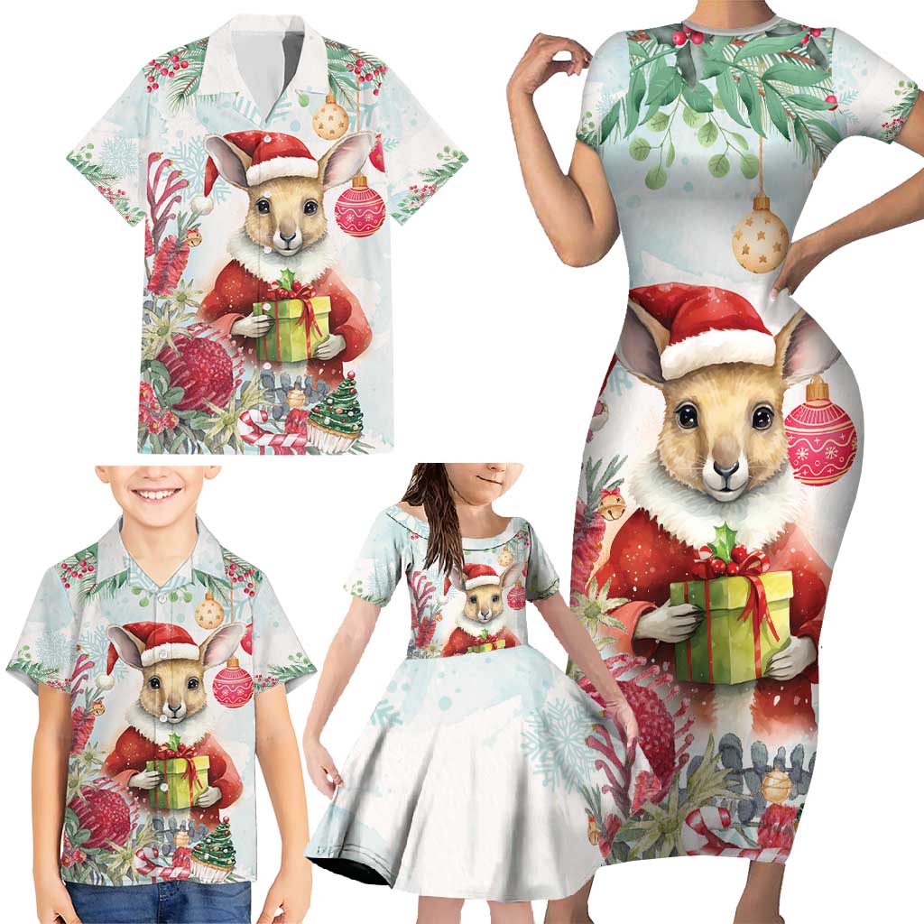 Australia Christmas Family Matching Short Sleeve Bodycon Dress and Hawaiian Shirt Kangaroo Santa With Aussie Flower - Watercolor