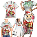 Australia Christmas Family Matching Short Sleeve Bodycon Dress and Hawaiian Shirt Kangaroo Santa With Aussie Flower - Watercolor
