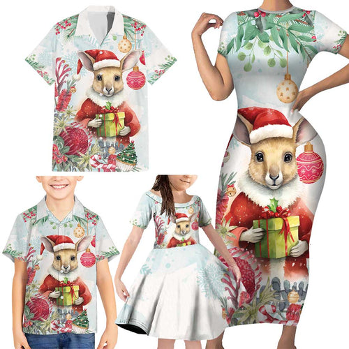 Australia Christmas Family Matching Short Sleeve Bodycon Dress and Hawaiian Shirt Kangaroo Santa With Aussie Flower - Watercolor