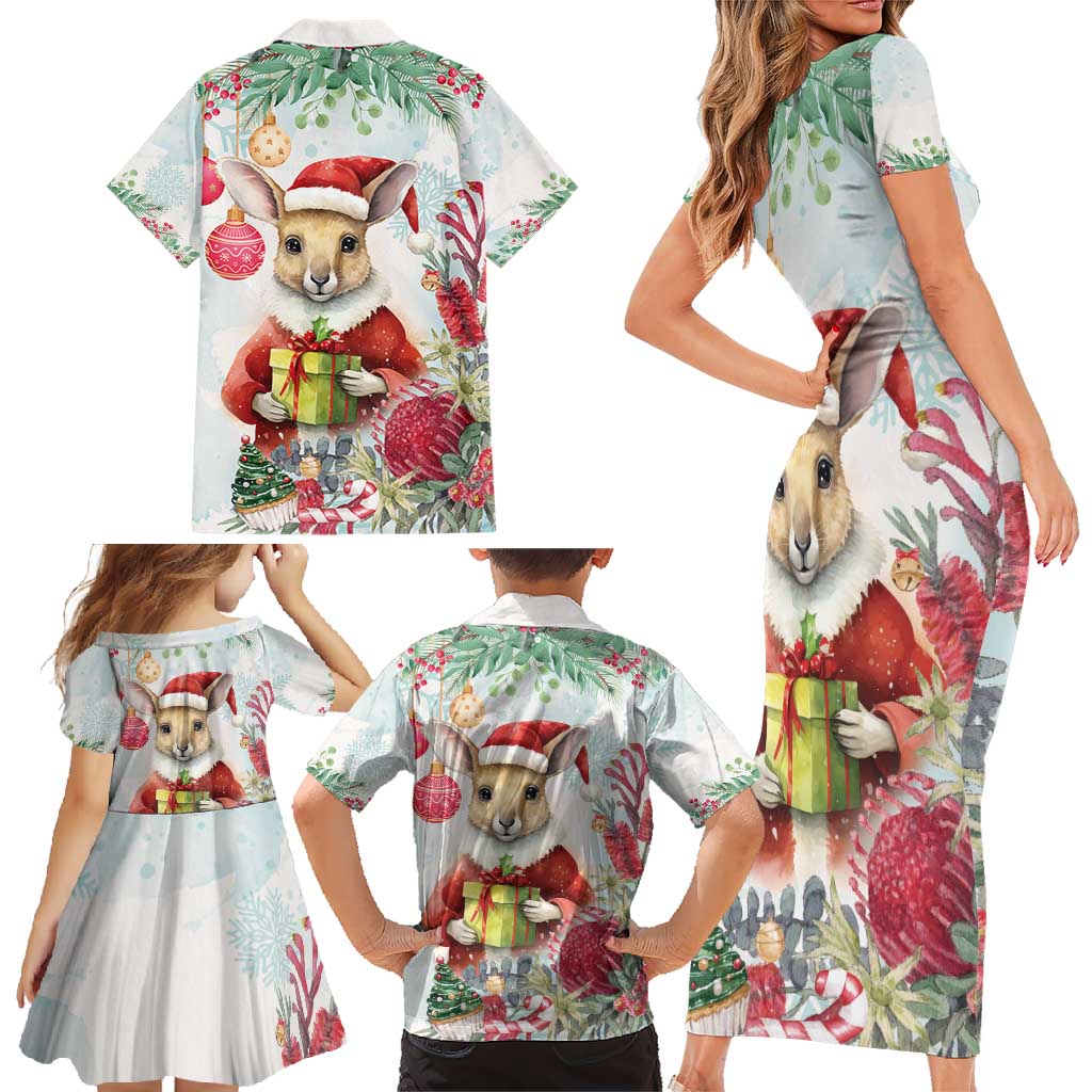 Australia Christmas Family Matching Short Sleeve Bodycon Dress and Hawaiian Shirt Kangaroo Santa With Aussie Flower - Watercolor