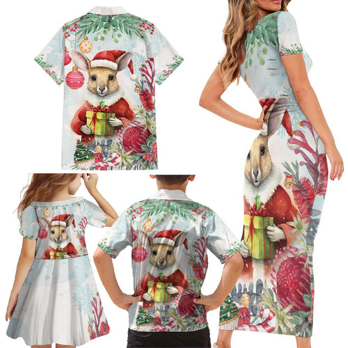 Australia Christmas Family Matching Short Sleeve Bodycon Dress and Hawaiian Shirt Kangaroo Santa With Aussie Flower - Watercolor