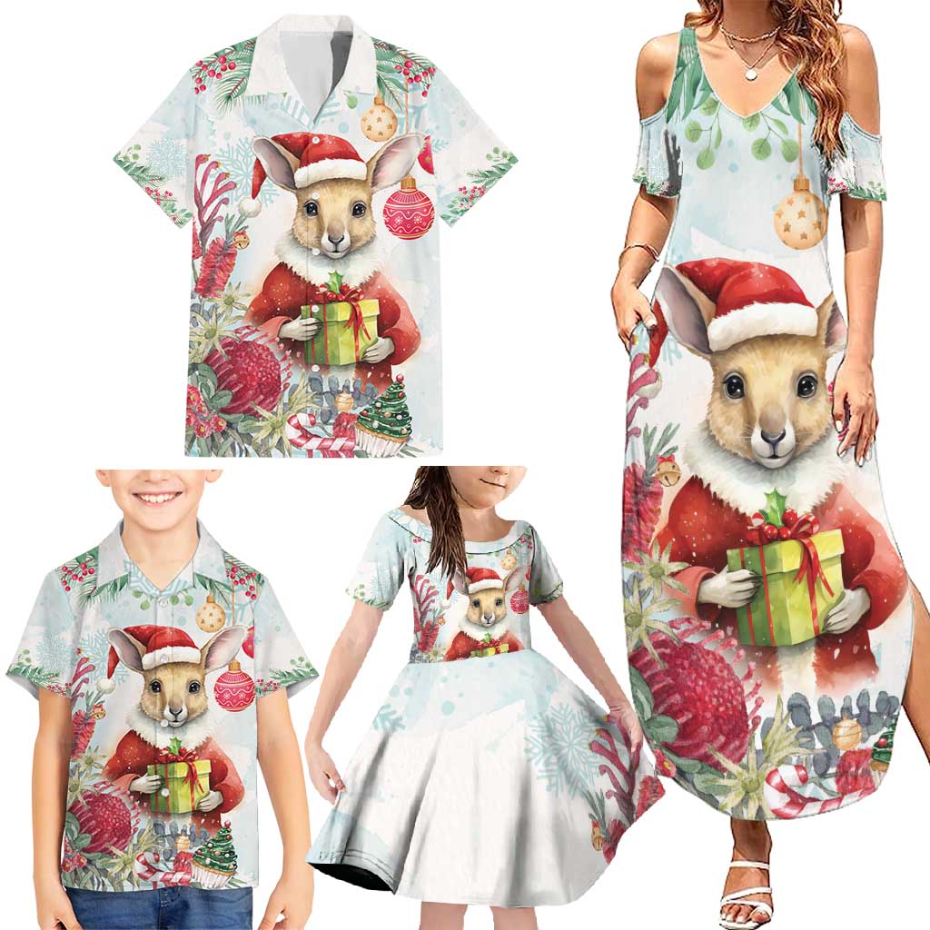 Australia Christmas Family Matching Summer Maxi Dress and Hawaiian Shirt Kangaroo Santa With Aussie Flower - Watercolor