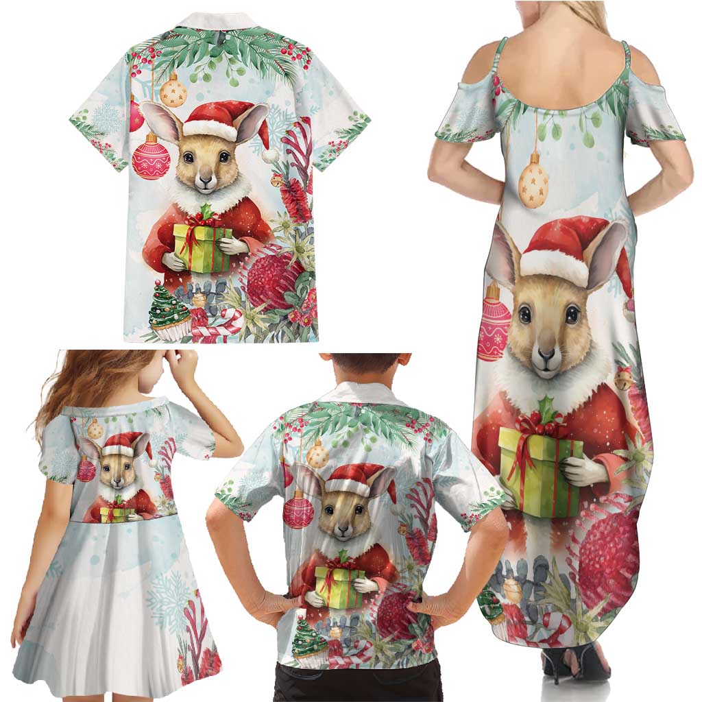 Australia Christmas Family Matching Summer Maxi Dress and Hawaiian Shirt Kangaroo Santa With Aussie Flower - Watercolor