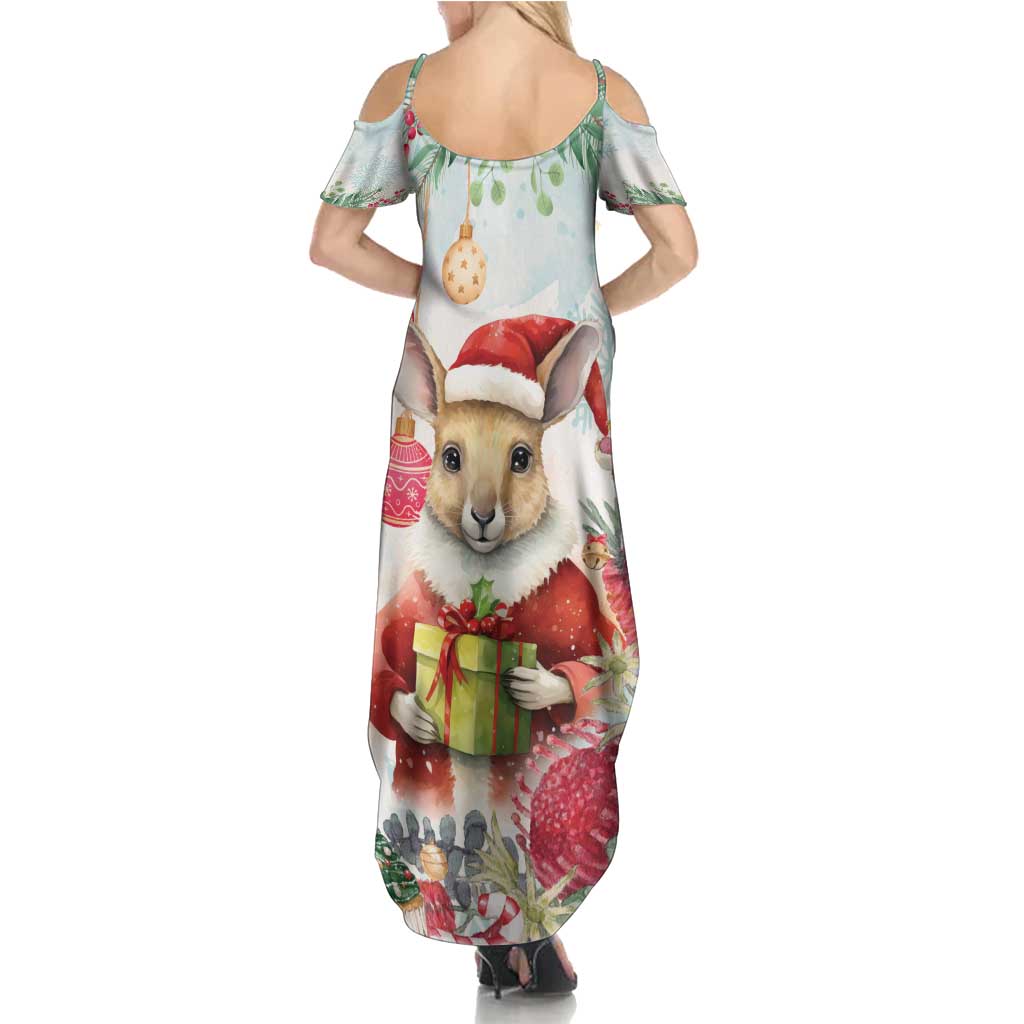 Australia Christmas Family Matching Summer Maxi Dress and Hawaiian Shirt Kangaroo Santa With Aussie Flower - Watercolor