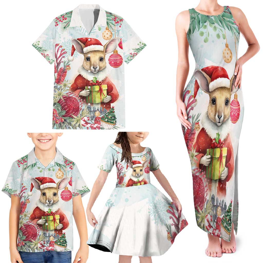 Australia Christmas Family Matching Tank Maxi Dress and Hawaiian Shirt Kangaroo Santa With Aussie Flower - Watercolor