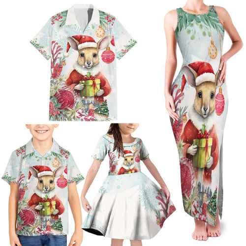Australia Christmas Family Matching Tank Maxi Dress and Hawaiian Shirt Kangaroo Santa With Aussie Flower - Watercolor