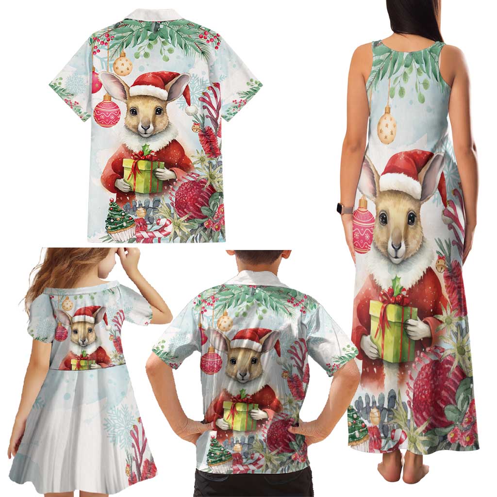 Australia Christmas Family Matching Tank Maxi Dress and Hawaiian Shirt Kangaroo Santa With Aussie Flower - Watercolor