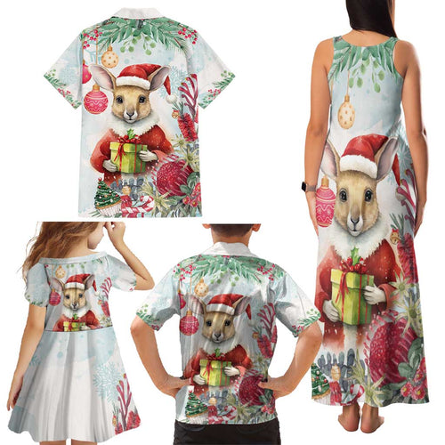 Australia Christmas Family Matching Tank Maxi Dress and Hawaiian Shirt Kangaroo Santa With Aussie Flower - Watercolor