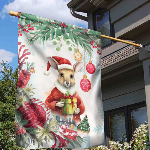 Australia Christmas Garden Flag Kangaroo Santa With Aussie Flower - Watercolor