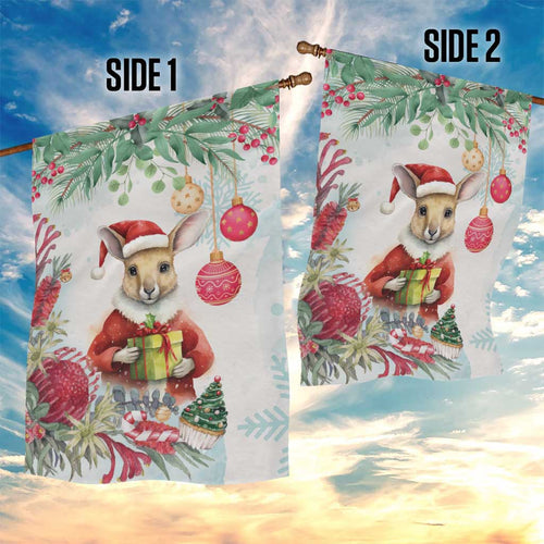 Australia Christmas Garden Flag Kangaroo Santa With Aussie Flower - Watercolor
