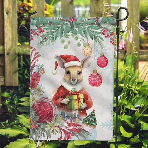 Australia Christmas Garden Flag Kangaroo Santa With Aussie Flower - Watercolor