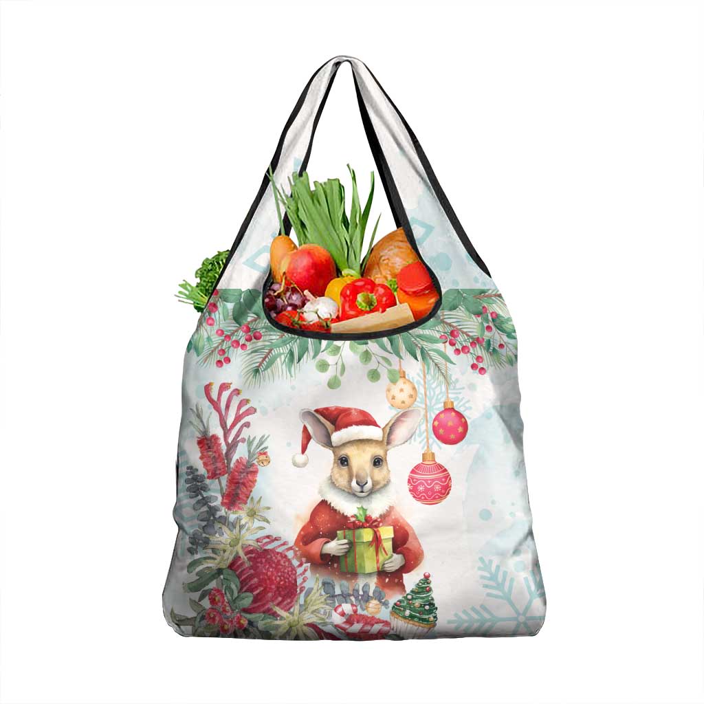 Australia Christmas Grocery Bag Kangaroo Santa With Aussie Flower - Watercolor