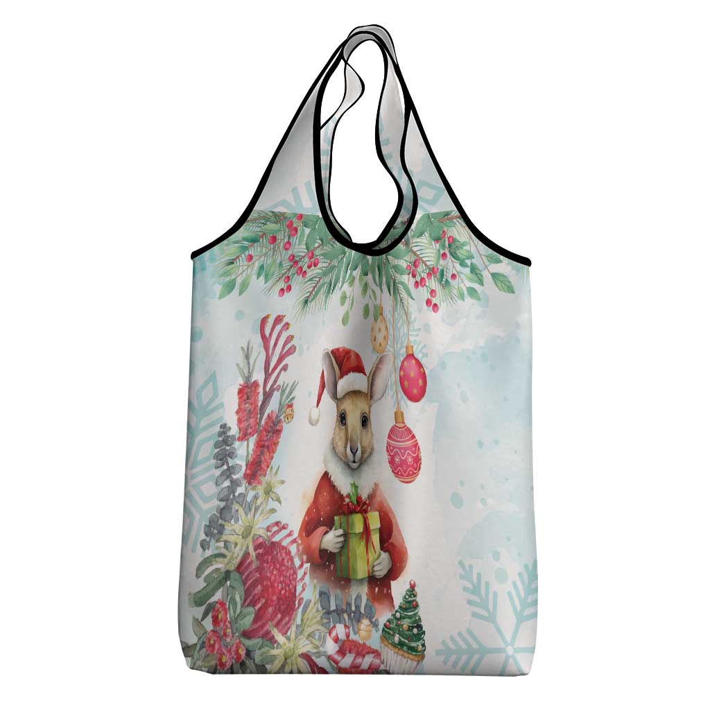 Australia Christmas Grocery Bag Kangaroo Santa With Aussie Flower - Watercolor
