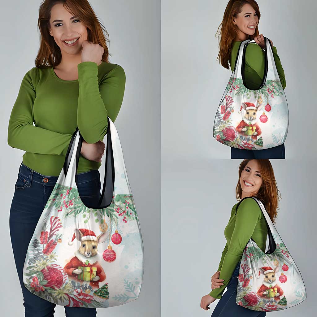 Australia Christmas Grocery Bag Kangaroo Santa With Aussie Flower - Watercolor