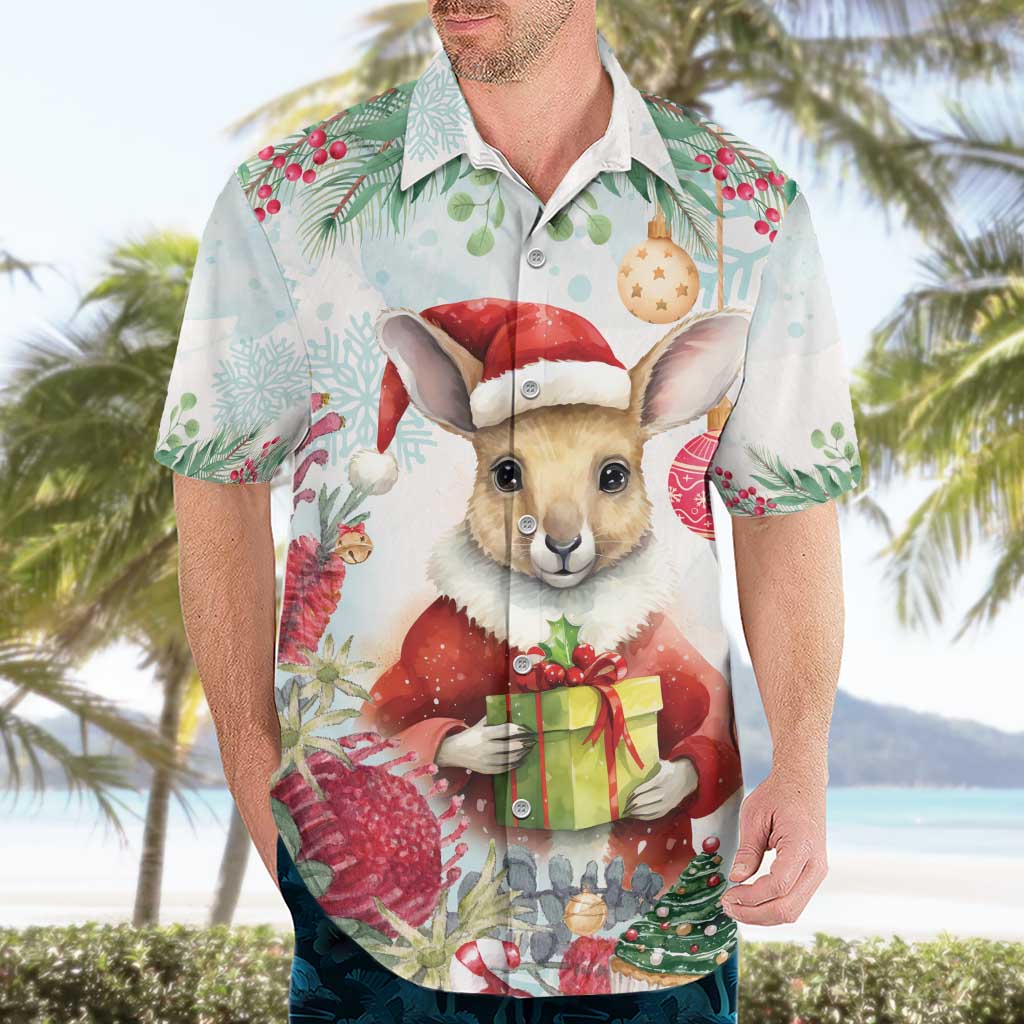 Australia Christmas Hawaiian Shirt Kangaroo Santa With Aussie Flower - Watercolor