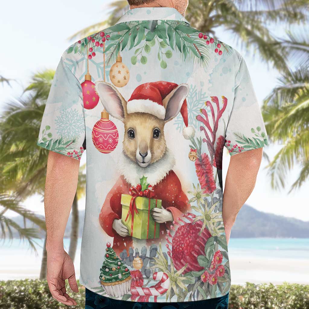 Australia Christmas Hawaiian Shirt Kangaroo Santa With Aussie Flower - Watercolor