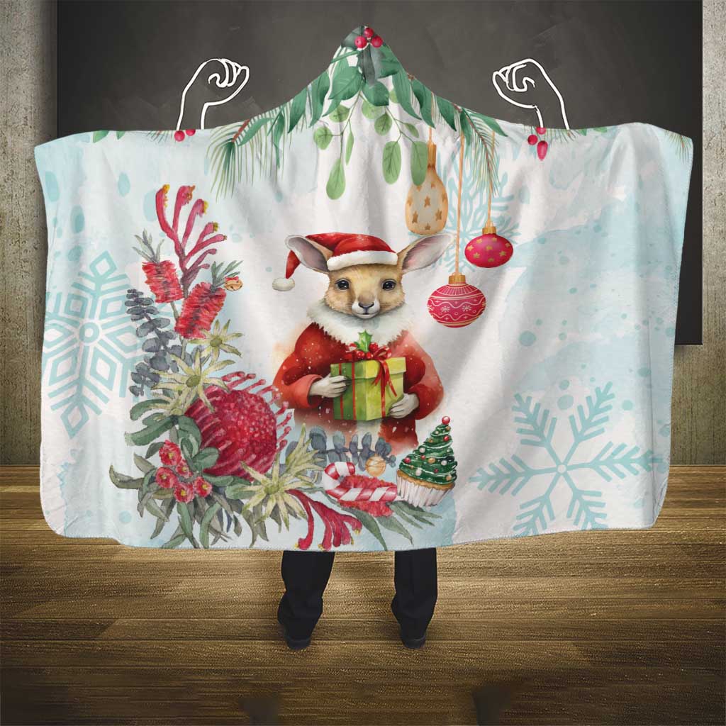Australia Christmas Hooded Blanket Kangaroo Santa With Aussie Flower - Watercolor