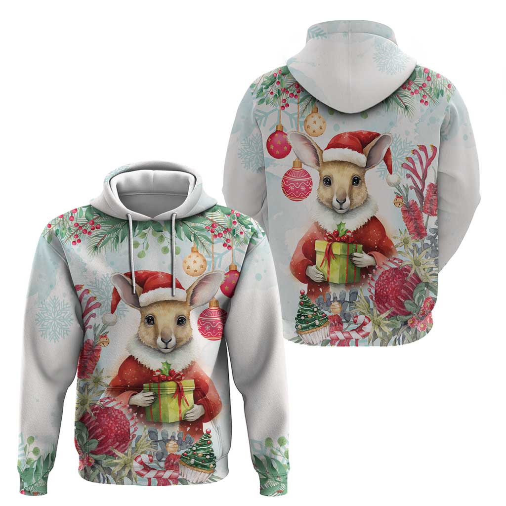 Australia Christmas Hoodie Kangaroo Santa With Aussie Flower - Watercolor