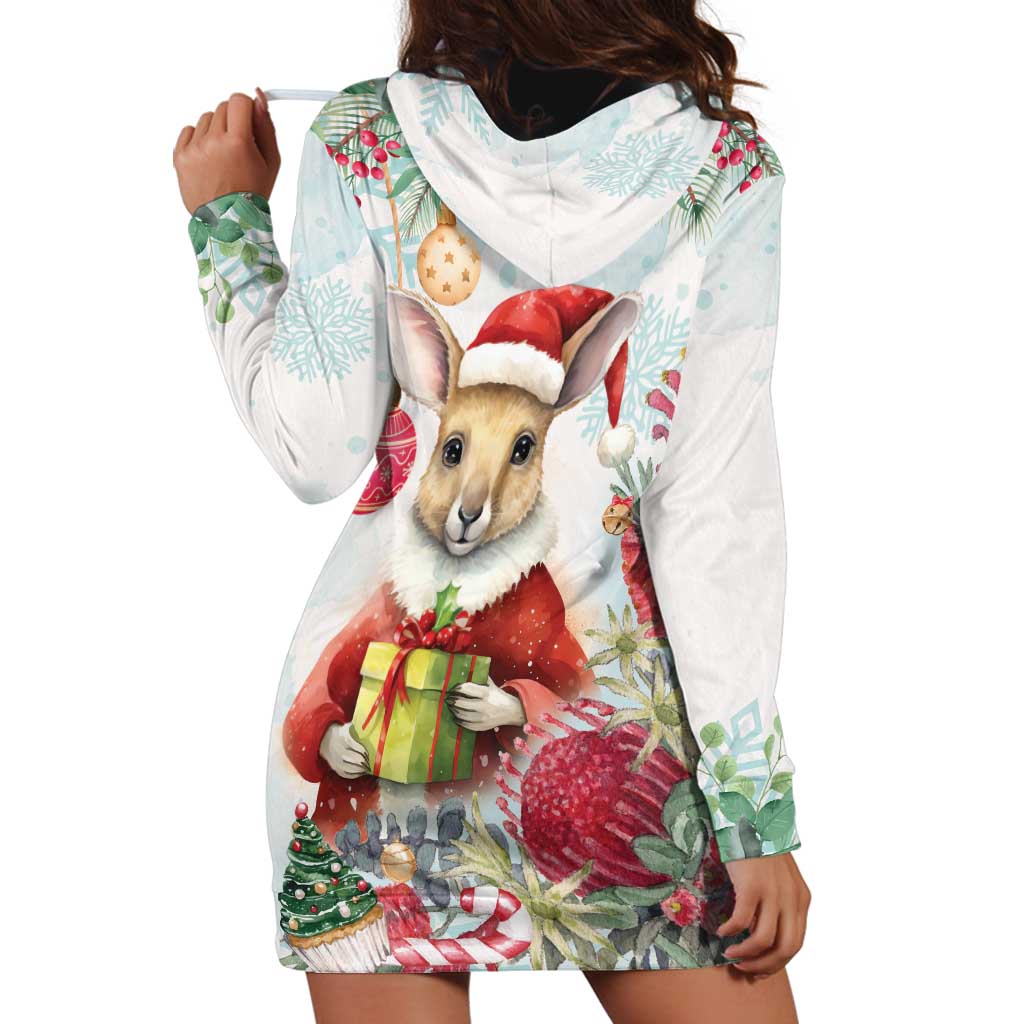 Australia Christmas Hoodie Dress Kangaroo Santa With Aussie Flower - Watercolor