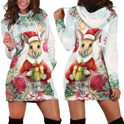 Australia Christmas Hoodie Dress Kangaroo Santa With Aussie Flower - Watercolor