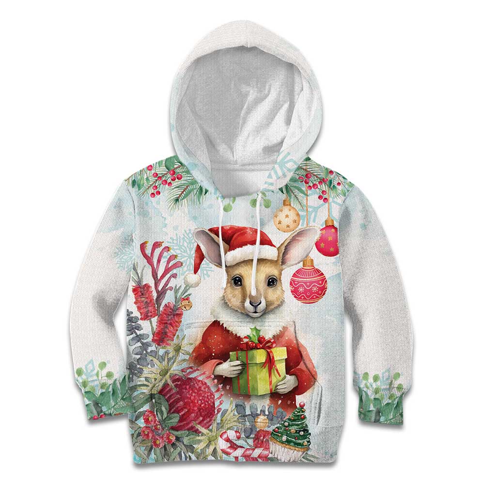 Australia Christmas Kid Hoodie Kangaroo Santa With Aussie Flower - Watercolor