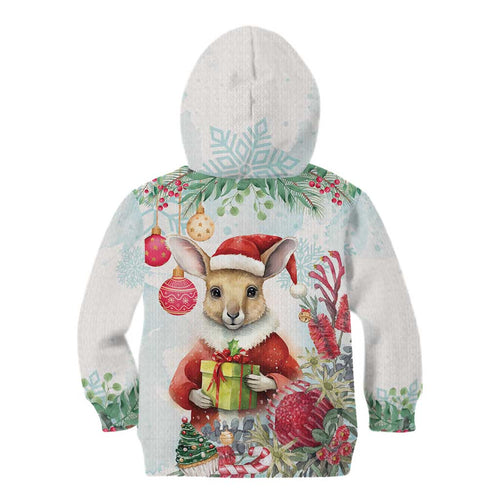 Australia Christmas Kid Hoodie Kangaroo Santa With Aussie Flower - Watercolor