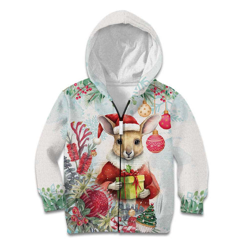Australia Christmas Kid Hoodie Kangaroo Santa With Aussie Flower - Watercolor
