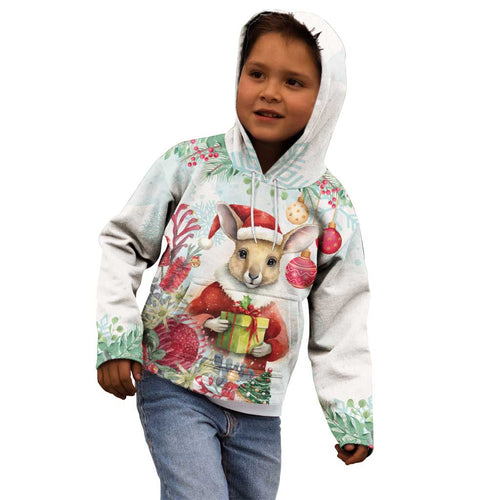 Australia Christmas Kid Hoodie Kangaroo Santa With Aussie Flower - Watercolor