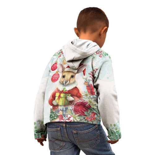 Australia Christmas Kid Hoodie Kangaroo Santa With Aussie Flower - Watercolor