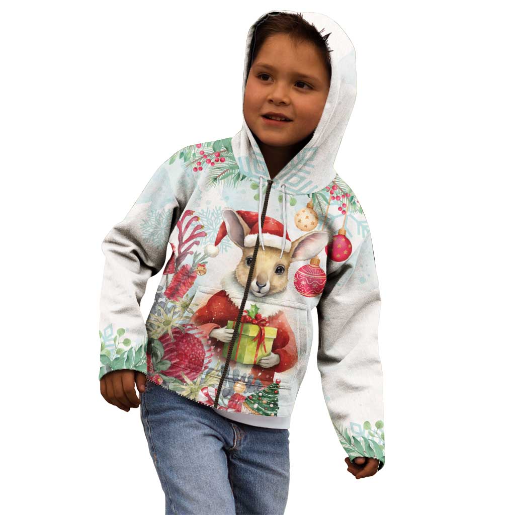 Australia Christmas Kid Hoodie Kangaroo Santa With Aussie Flower - Watercolor