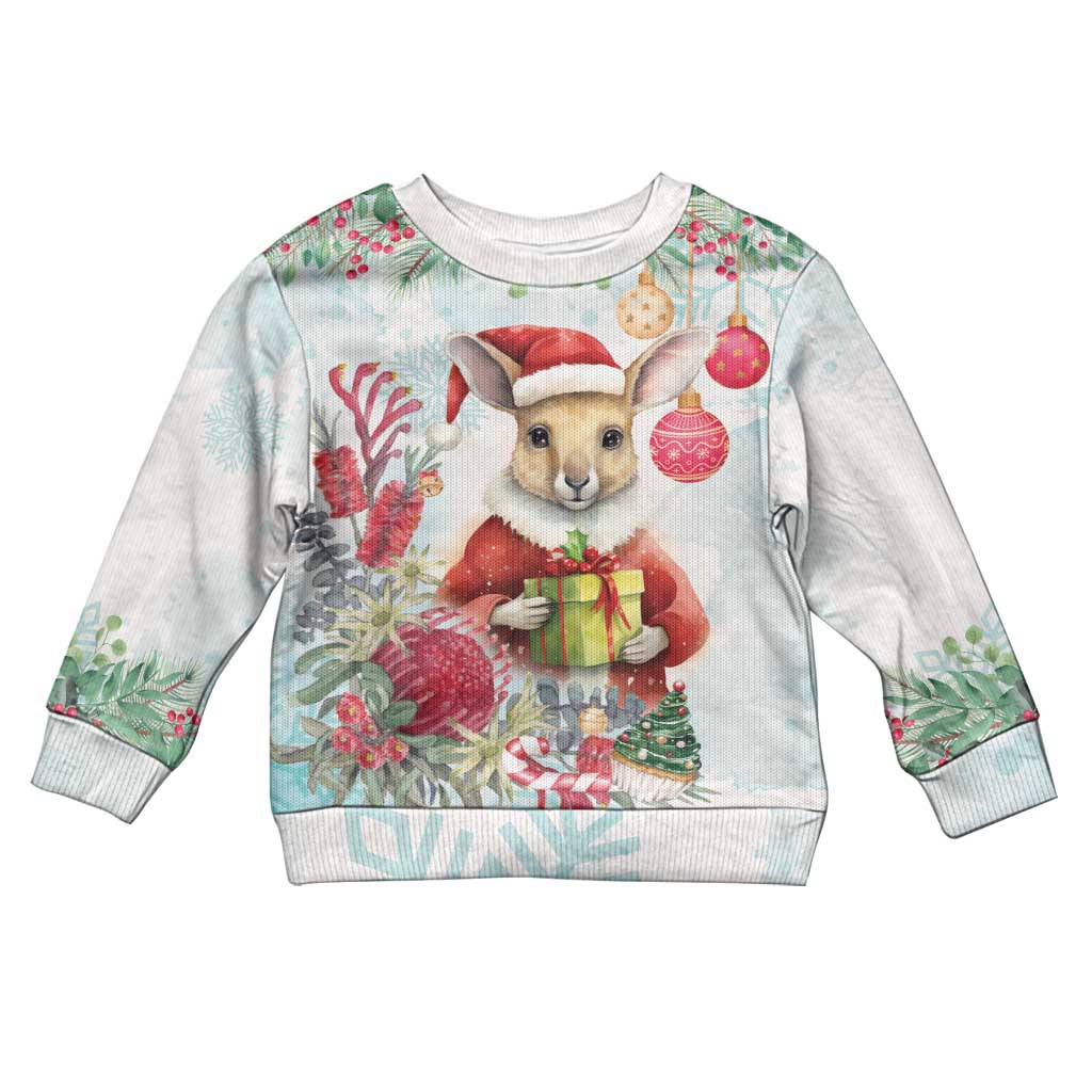Australia Christmas Kid Ugly Christmas Sweater Kangaroo Santa With Aussie Flower - Watercolor