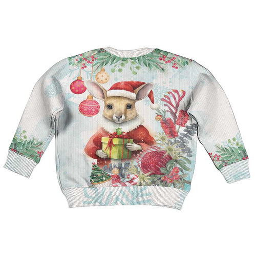 Australia Christmas Kid Ugly Christmas Sweater Kangaroo Santa With Aussie Flower - Watercolor