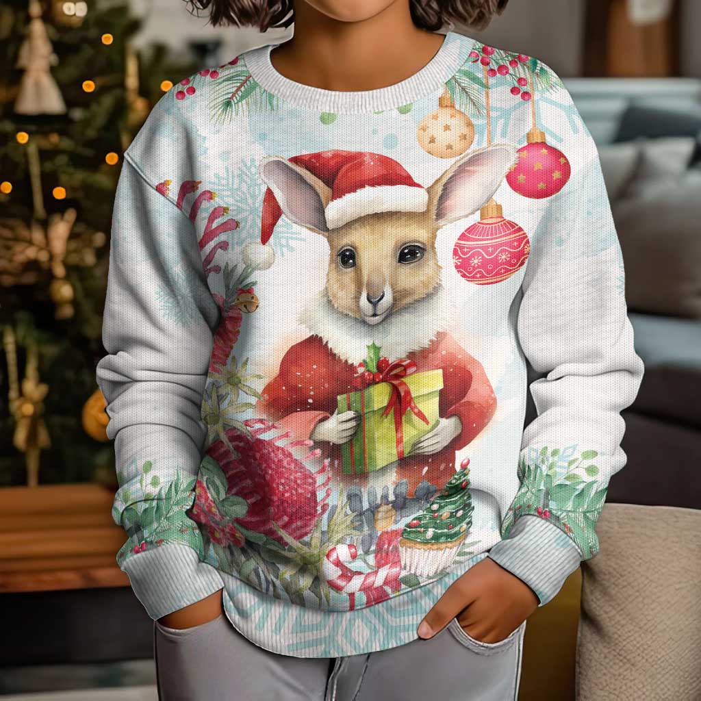 Australia Christmas Kid Ugly Christmas Sweater Kangaroo Santa With Aussie Flower - Watercolor