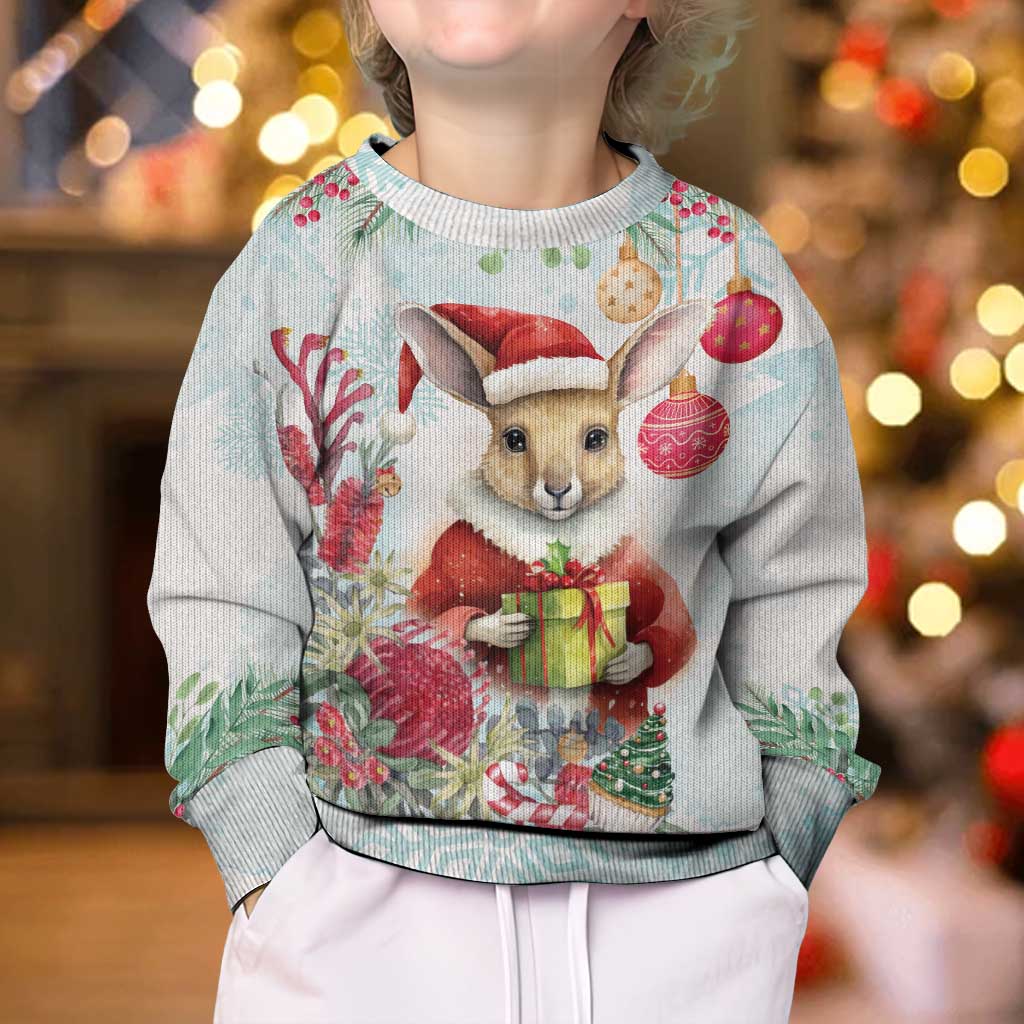 Australia Christmas Kid Ugly Christmas Sweater Kangaroo Santa With Aussie Flower - Watercolor