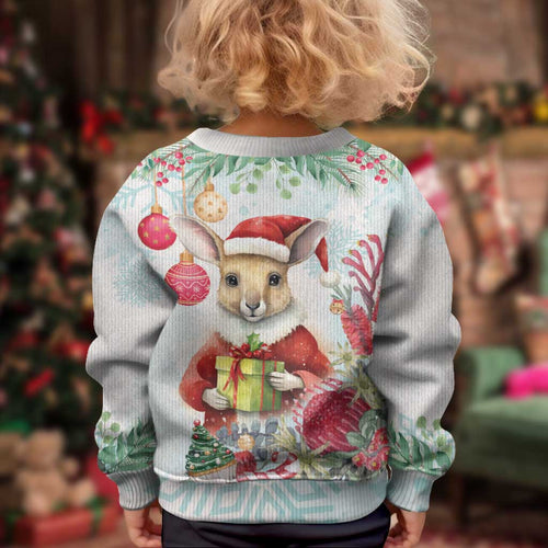 Australia Christmas Kid Ugly Christmas Sweater Kangaroo Santa With Aussie Flower - Watercolor