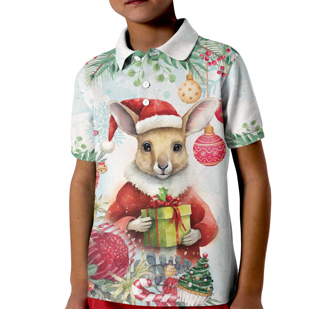 Australia Christmas Kid Polo Shirt Kangaroo Santa With Aussie Flower - Watercolor
